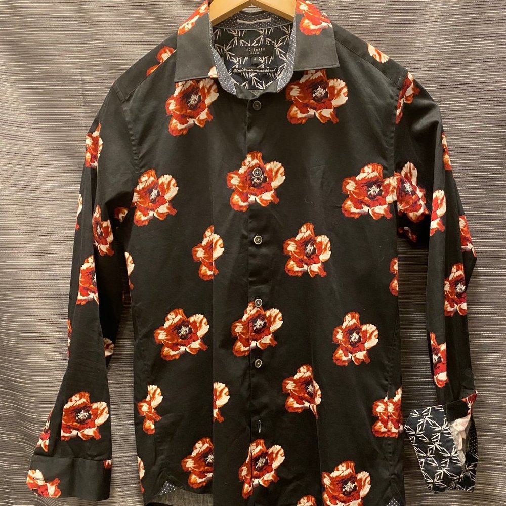 Ted Baker (Size 4) Black "Flowers" Dress Shirt